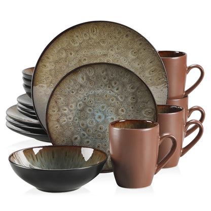 Servies - Servies set - 16 Stuks - Vintage Keramiek - Omvat diner/dessertbord - Kom - Koffiekopjes - Bruin