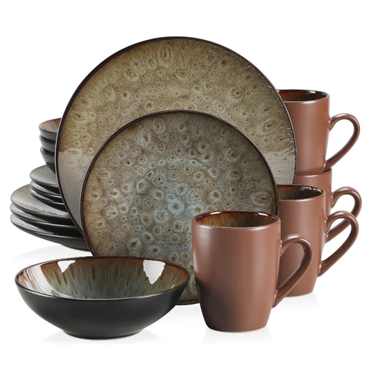 Tableware - Tableware set - 16 pieces - Vintage ceramic - Includes dinner/dessert plate - Bowl - Coffee cups - Brown