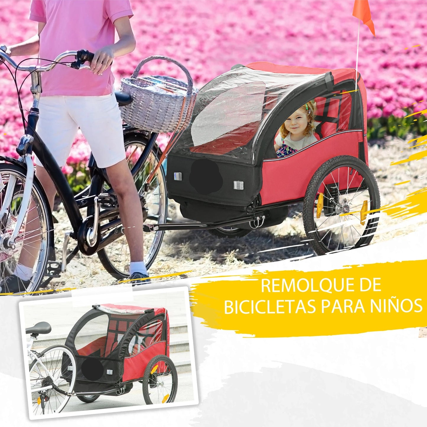 Fietskar voor Kinderen - Fietstrailer - Kinderfietskar - Fietsaanhanger - 2-Zits – 140x88x90 cm – Geschikt voor 18+ Maanden – Veilig & Comfortabel - Kids trailer voor twee personen - Rood - QUORE