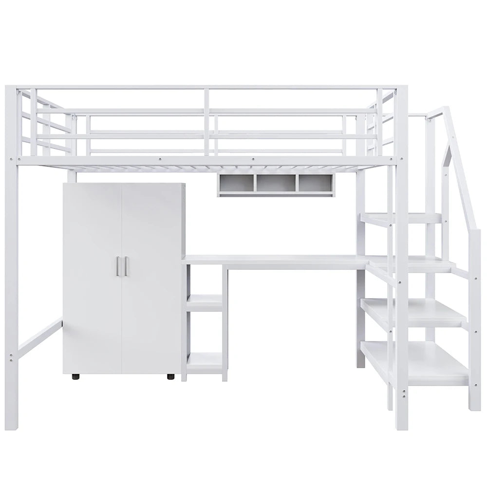 Kinderhoogslaper – Hoogslaper – Stapelbed – Halfhoogslaper – Multifunctioneel Bed – Wit 140x200cm – Met Kast En Bureau – Stevig Ijzeren Frame