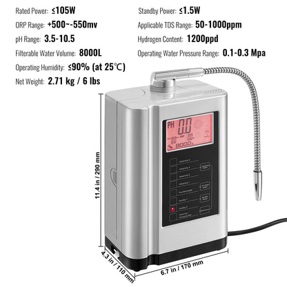 SucceBuy Alkaline Water Ionizer Machine pH 3.5-10.5 Alkaline Acidic Hydrogen Water Purifier