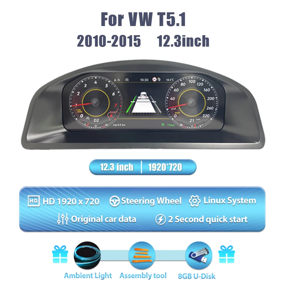 Digitale Dashboard Cluster – Digitaal Instrumentenpaneel – LCD Display – Auto Cockpit – Digitaal Cluster – 12,3 Inch HD IPS Scherm – Plug & Play Installatie – Voor VW T5.1 T5.2 2010-2015