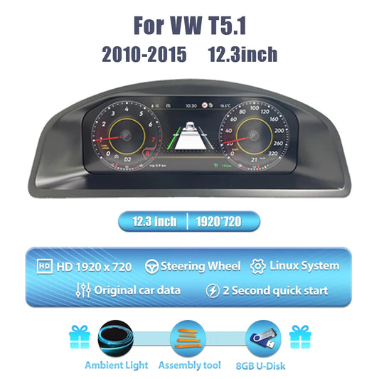 Digitale Dashboard Cluster – Digitaal Instrumentenpaneel – LCD Display – Auto Cockpit – Digitaal Cluster – 12,3 Inch HD IPS Scherm – Plug & Play Installatie – Voor VW T5.1 T5.2 2010-2015