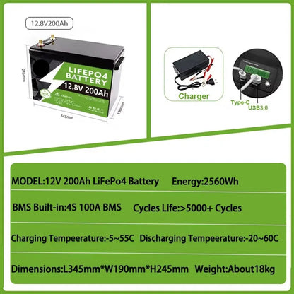 12V LiFePO4 Batterij – Lithium-IJzerfosfaat Accu – Noodstroomvoorziening – Draagbare Batterij – 200Ah Capaciteit – 3000W Pure Sinusgolf Omvormer