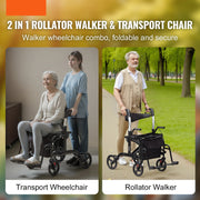 Rollator Lichtgewicht en Opvouwbaar - Rolstoel - Rollators - Rollator Lichtgewicht - Rollators Binnen en Buiten - 2 in 1 Rollator - Looprek & Transportstoel voor Senioren - Rolstoel Combo - Draagvermogen 300 lbs - Zwart