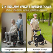 Rollator-Rolstoel Lichtgewicht Opvouwbaar - Rolstoel Opvouwbaar - 2 in 1 - Wandelaar en Rolstoel - Aluminium Mobiliteit Wandelaar voor Senioren - Rood