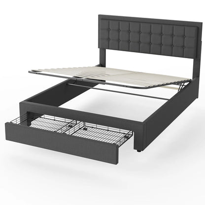 Tweepersoonsbed – Bedframe – Slaapbed – Opbergbed – Boxspringbed – Stabiel Metalen Frame – Hydraulische Opbergruimte 140x200 cm - Donkergrijs - QUORE