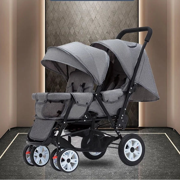 Dubbele Kinderwagen - Tweeling Kinderwagen - Duo Buggy - Duo kinderwagen - 2 Omvormbare Zitjes - en Reiswiegjes - Klein Wiel Blauw