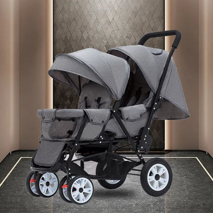 Dubbele Kinderwagen - Tweeling Kinderwagen - Duo Buggy - Duo kinderwagen - 2 Omvormbare Zitjes - en Reiswiegjes - Klein Wiel Grijs