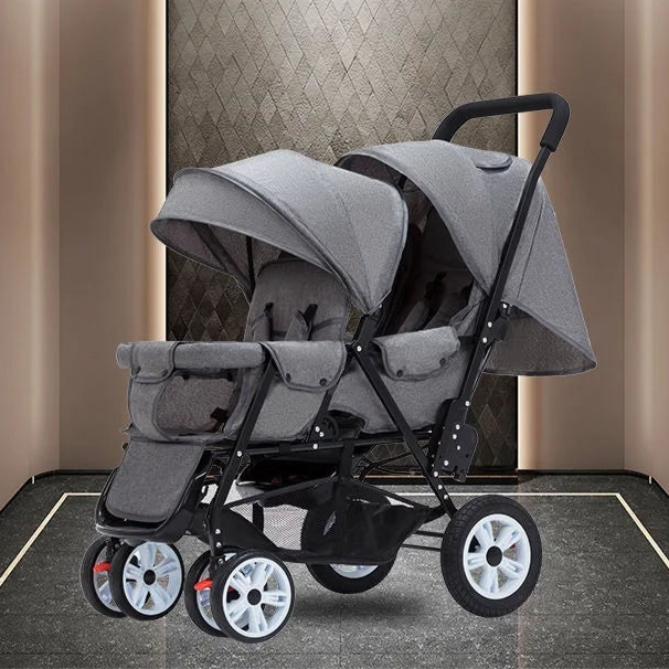 Dubbele Kinderwagen - Tweeling Kinderwagen - Duo Buggy - Duo kinderwagen - 2 Omvormbare Zitjes - en Reiswiegjes - Blauw