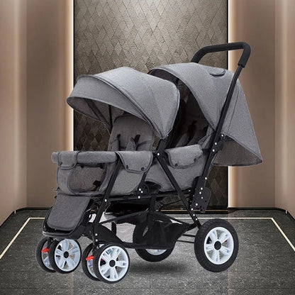 Dubbele Kinderwagen - Tweeling Kinderwagen - Duo Buggy - Duo kinderwagen - 2 Omvormbare Zitjes - en Reiswiegjes - Grijs