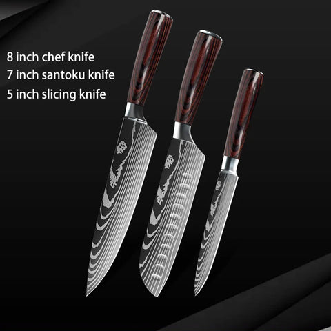 Keukenmessen - Knife set - Chef Knife - Knives - Kitchen Knife - Roestvrij staal met hoog koolstofgehalte - Damascus-tekening - Hakmesset - Santoku-koksmes - 7stuks