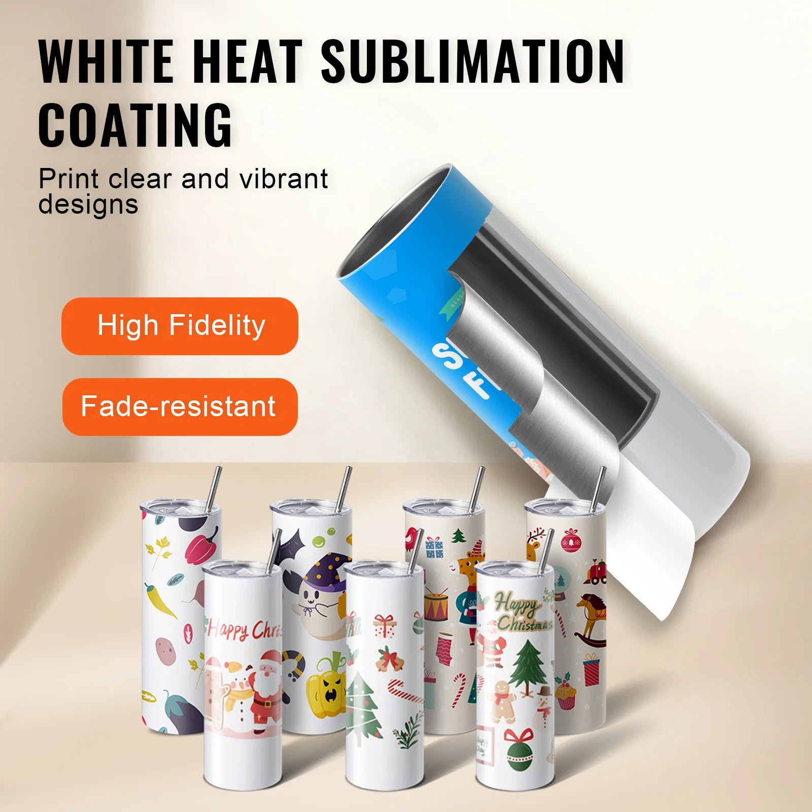 VEVOR 8/12/14/16/24/50PC Straight Sublimation Tumblers Blank Tumbler Bulk Stainless Steel Double Wall Tumbler Cups Heat Transfer - QUORE