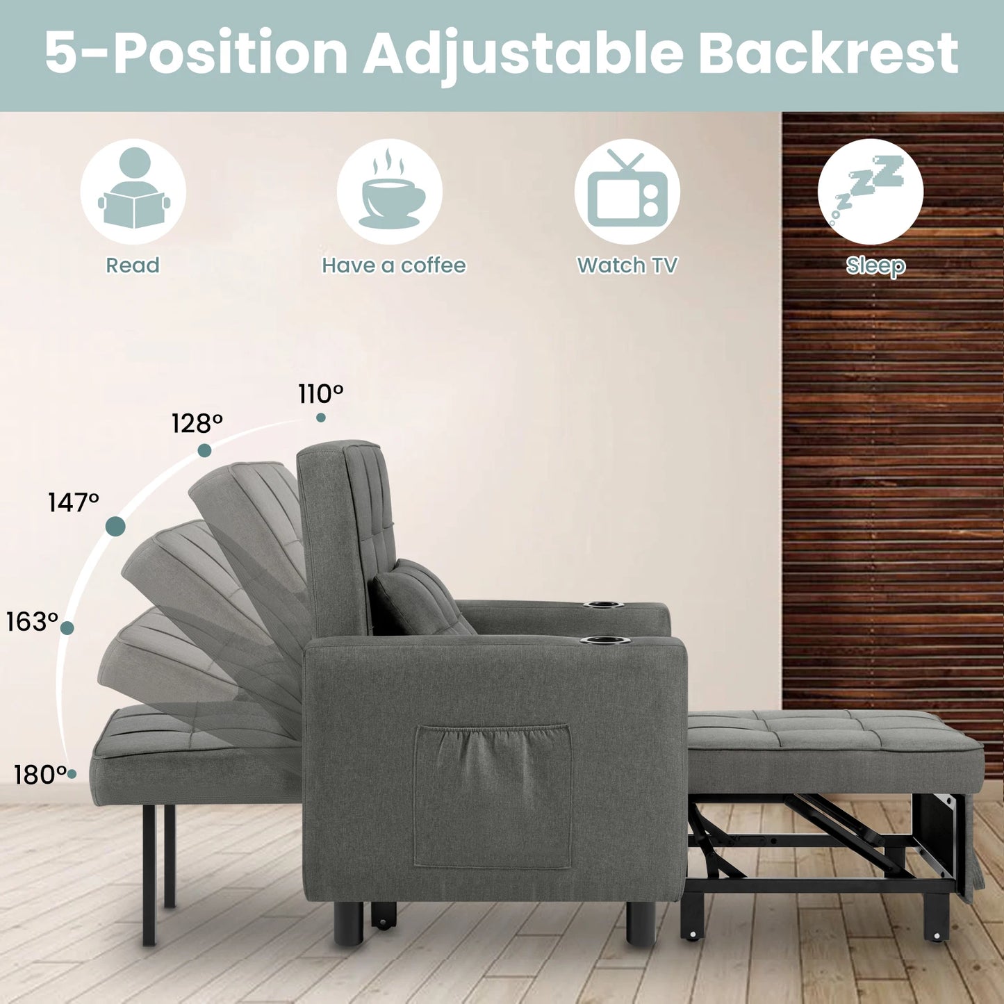 4 in 1 - Slaapbank - Slaapstoel - Logeerbed - Klapstoel - met Verstelbaar Rugleuningkussen - Fauteuil Stoel - voor Appartement - Woonkamer - Linnen - Donkergrijs