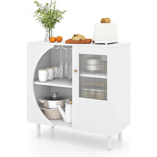 Houten Buffetkast met 3 Deuren, Open Rek & Wijnglashouder voor 6–8 Glazen – Dressoir met Metalen Poten voor Eetkamer, Keuken of Woonkamer – 80 x 30 x 80 cm