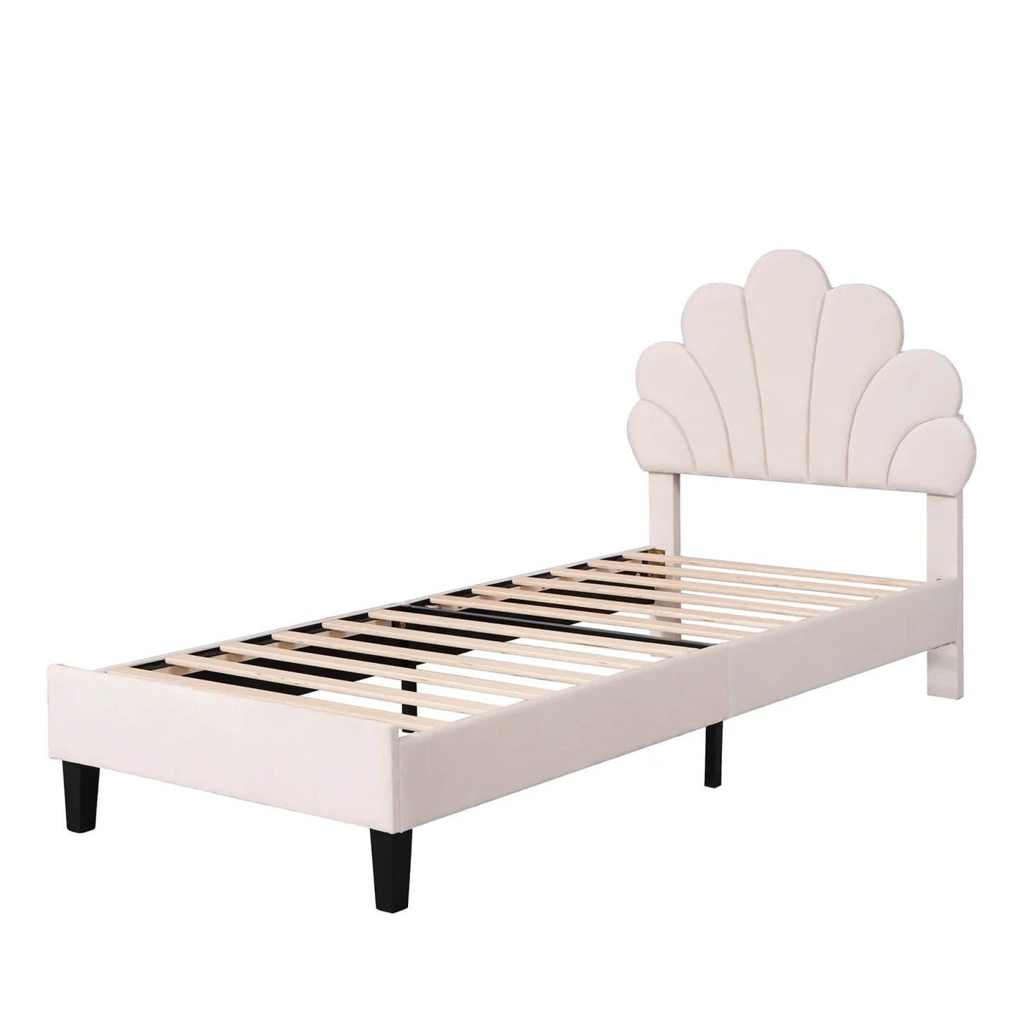 Kinderbed – Eenpersoonsbed – Bedbank – Kinderbedje – Peuterbed – Beige Velvet Bekleding – Bloemenkroon Hoofdeinde – 90x200 cm – Stevig MDF Frame – 200 kg Belastbaar