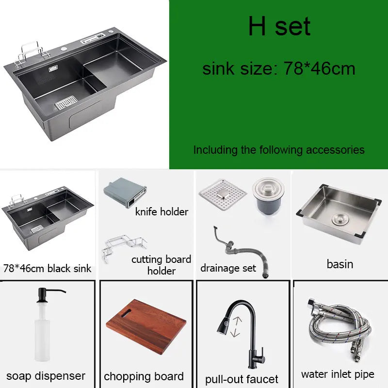 High and low kitchen sink With knife holder Cutting board rack stainless steel pia Matte black sink vegetable washing basin