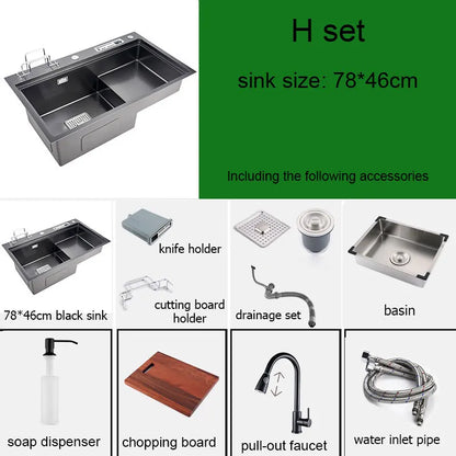 High and low kitchen sink With knife holder Cutting board rack stainless steel pia Matte black sink vegetable washing basin