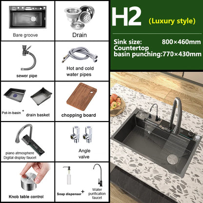 Stainless Steel Kitchen Sink With Waterfall Single Bowl Digital Display Extra Large Slot Multifunctional Washing Sinks