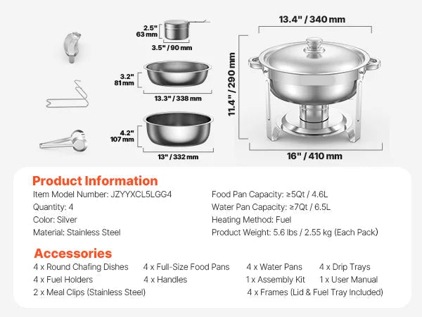 Chafing Dish - Warmhoudplaat - Buffetwarmer Set - Rechaud - RVS - Volformaat Buffet Warmhoudpannen - voor Feesten & Banketten - Set van 4 - Silvery - QUORE