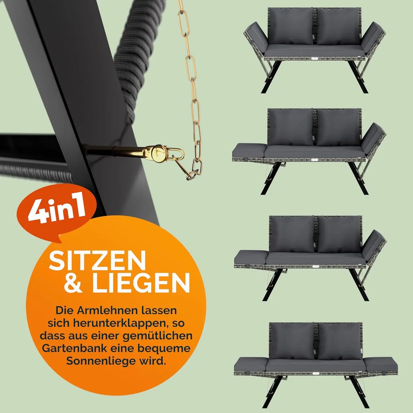 3-zits Polyrattan Tuinbank – Buitenbank – Tuinmeubel – Loungesofa – Tuinsofa – Verstelbare Armleuningen – Weerbestendig Stalen Frame - Grijs - QUORE