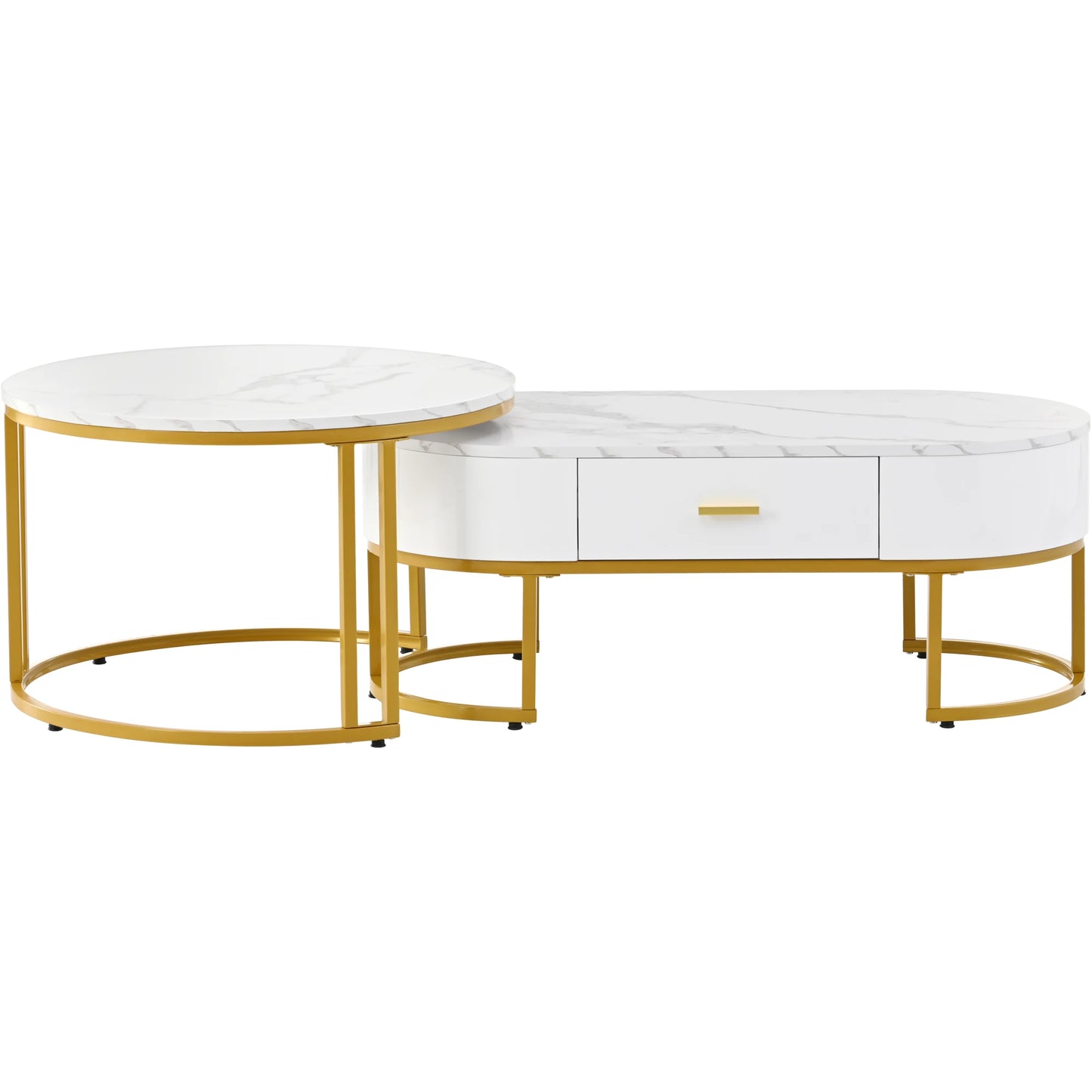 2-delige Salontafelset – Koffietafel – Bijzettafel – Woontafel – Lounge Tafel – Wit – Gouden Metalen Frame – Ruimtebesparend Ovaal Design