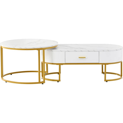 2-delige Salontafelset – Koffietafel – Bijzettafel – Woontafel – Lounge Tafel – Wit – Gouden Metalen Frame – Ruimtebesparend Ovaal Design
