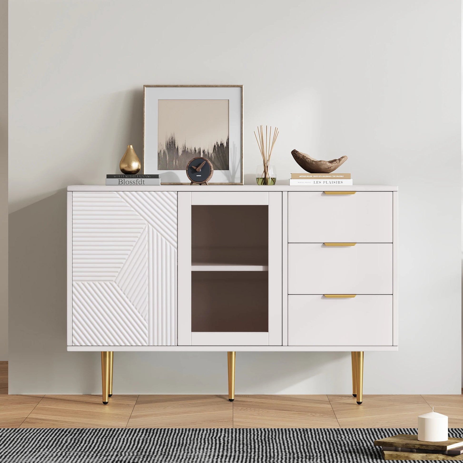 Opbergkast – Opbergmeubel – Kast Met Lades – Kast Met Glazen Deuren – 120 X 38 X 79,5 Cm – MDF En Metalen Poot - QUORE