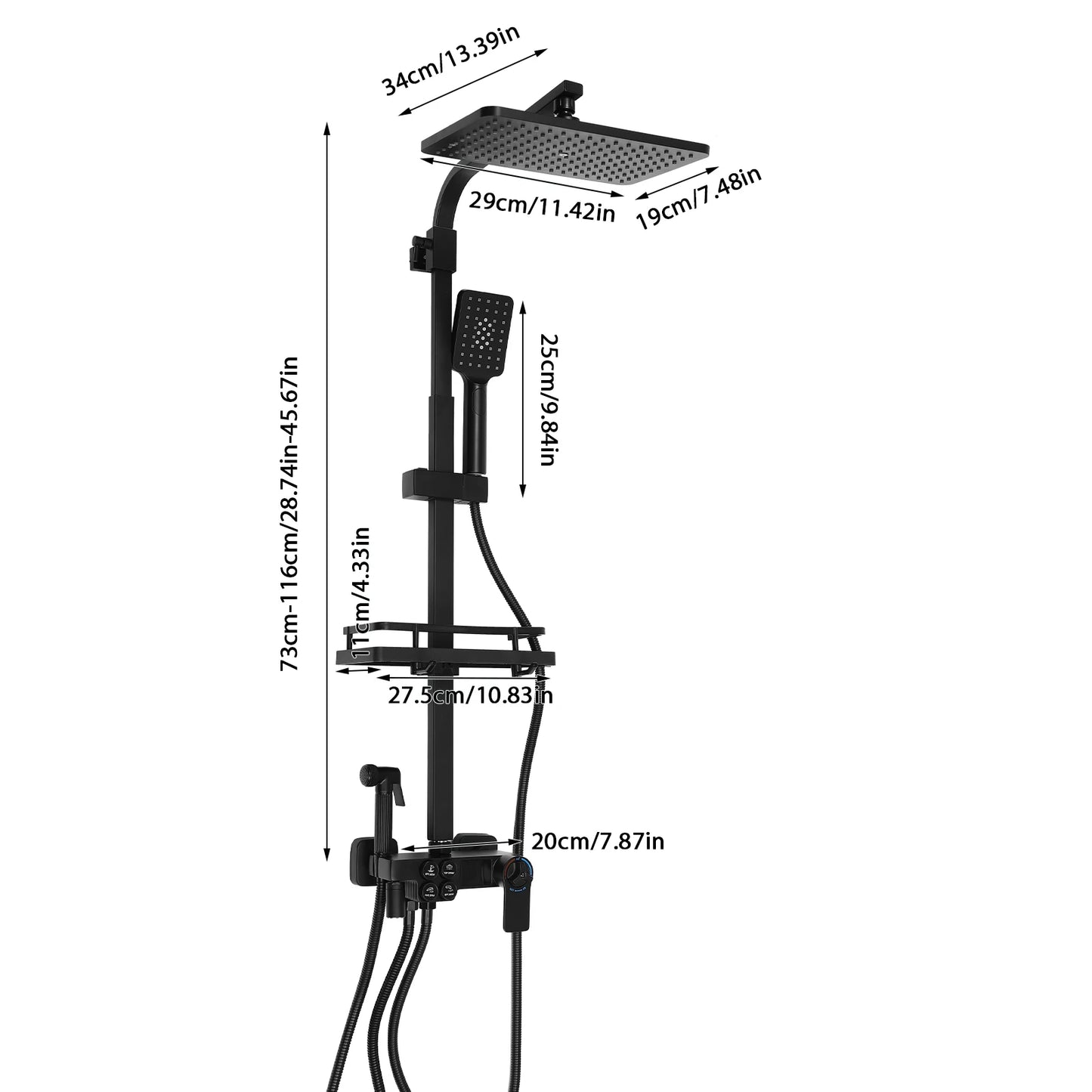 Douche - Regendouche - Douchewand - Douchekolom - Douchepanelen - LCD Douche Systeem met Thermostaat – Multifunctionele Regendouche met 4 Waterstanden – Verstelbare Hoogte 73-116 cm - Zwart - QUORE