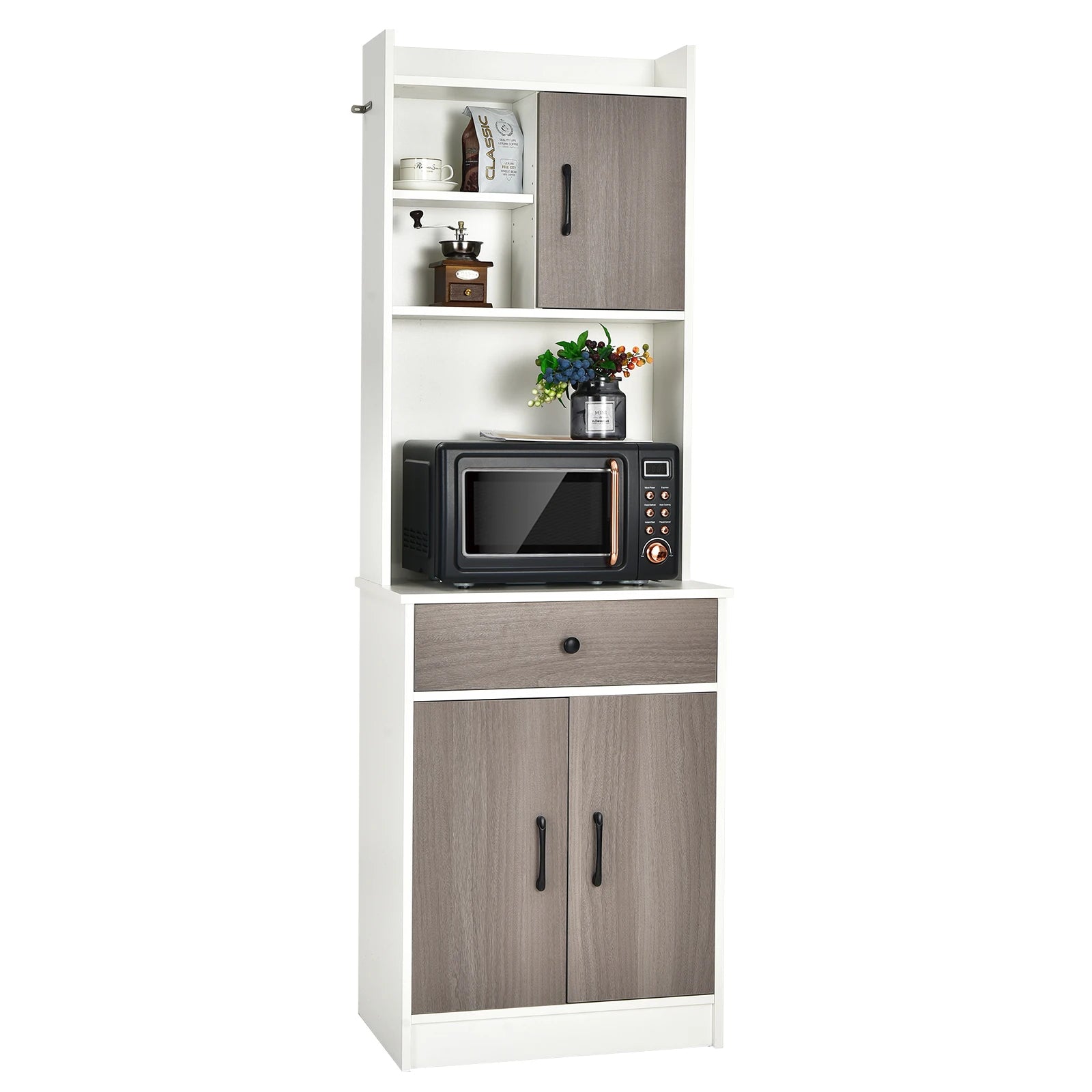 Keukenkast - buffetkast met lade - verstelbare planken en kabelgat - hoge kast keukenhout - grote open ruimte voor magnetron - vrijstaand - 60 x 40 x 180cm - QUORE
