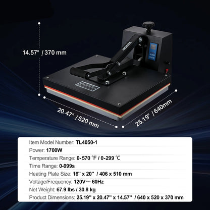 Warmtepers – Transferpers – Textielpers – Sublimatiepers – Hittepers – 16 x 20 Inch Werkoppervlak – Digitale Temperatuur- en Tijdregeling