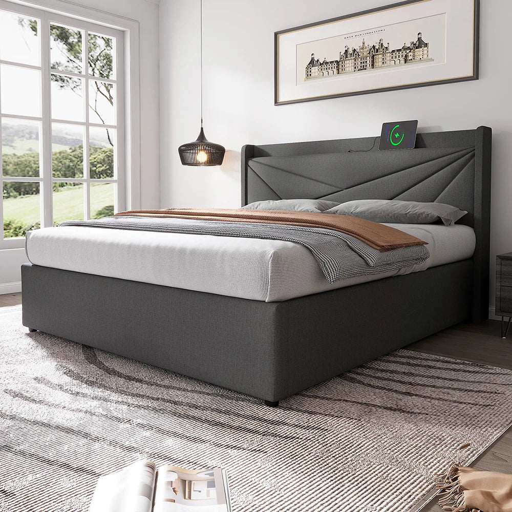 Bed – Tweepersoonsbed – Gestoffeerd Bed – Opbergbed – Linnen Bedframe – Donkergrijs – 160x200 cm – Met USB-C Oplaadfunctie – Met Grote Opberglade