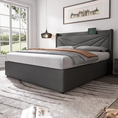 Bed – Tweepersoonsbed – Gestoffeerd Bed – Opbergbed – Linnen Bedframe – Donkergrijs – 160x200 cm – Met USB-C Oplaadfunctie – Met Grote Opberglade