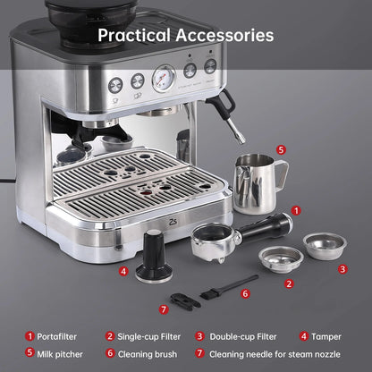 Espressomachine – Koffiemachine – Espressoapparaat – Volautomaat – Koffiezetapparaat – Roestvrij Staal – 15 Bar Pompdruk – Ingebouwde Koffiemolen Met 15 Maalgroottes - QUORE