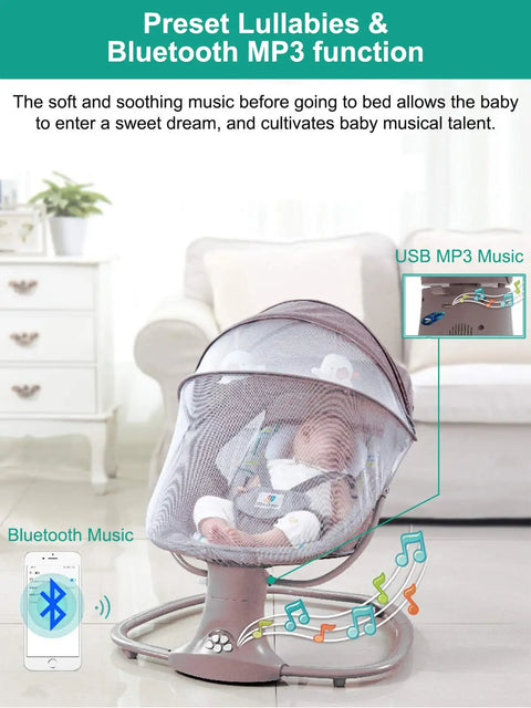 Schommelstoel - Elektrische Schommelstoel - Baby Elektrische Wipstoel - Baby Schommel - Elektrische Baby Schommel - Bluetooth - Afstandsbediening- voor Pasgeborenen - Coffee Grey