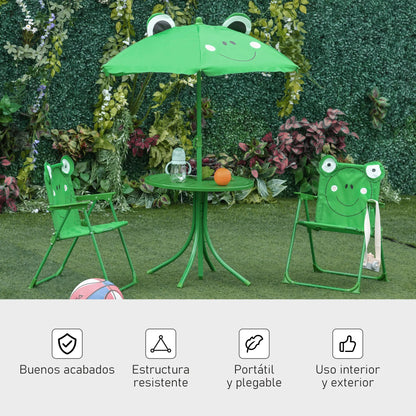 Kinder Tuinmeubelen - Kinder Tuinset - Tuintafel met Stoelen - met Verstelbare Paraplu - Opvouwbare - Stalen Tafel en Stoelen - voor Balkon - Balkonset 2 Personen - Groen - QUORE