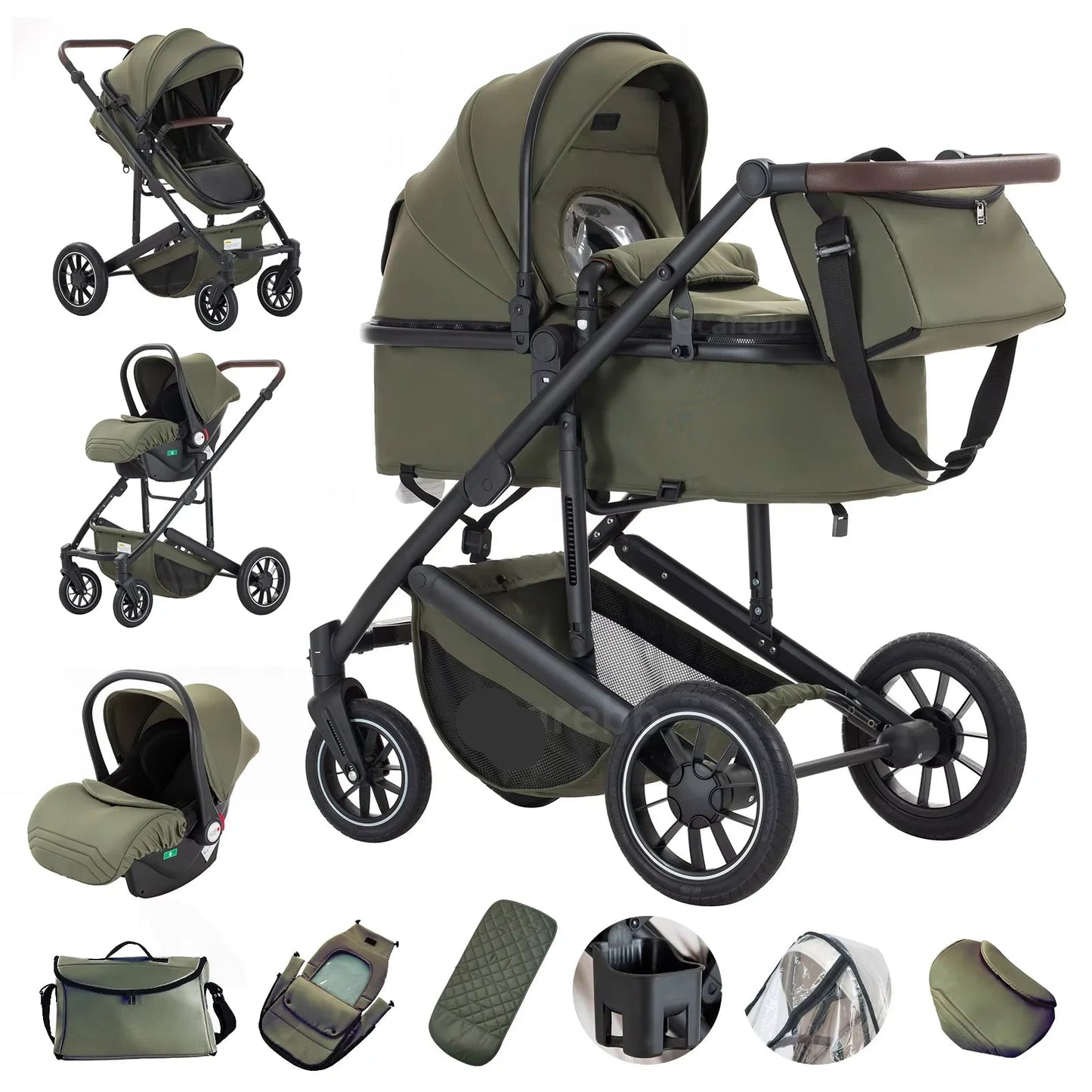 Babywagen - Kinderwagen - Buggy - Wandelwagen - 3-in-1 - met Reiswieg - en Autostoel - Opvouwbaar - Lichtgewicht - Aluminium Frame - voor Baby's - en Peuters - Groen - QUORE