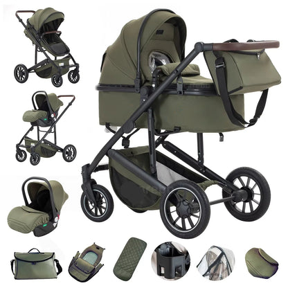 Babywagen - Kinderwagen - Buggy - Wandelwagen - 3-in-1 - met Reiswieg - en Autostoel - Opvouwbaar - Lichtgewicht - Aluminium Frame - voor Baby's - en Peuters - Groen - QUORE