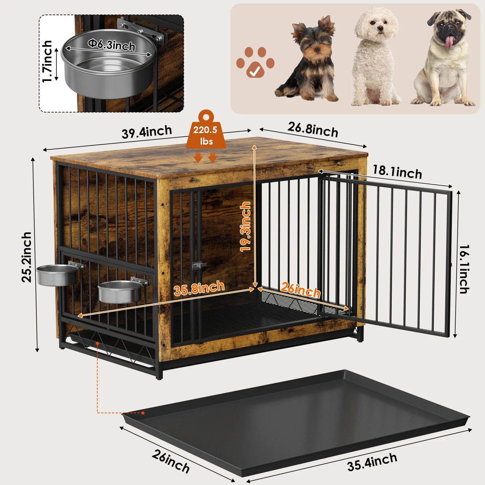 Hondenbench – Hondenkooi – Hondenkennel – Hondenhuis – Hondenhok – MDF Hout & Staal – 360° Draaibare Roestvrijstalen Voerbakken - 39inch - Bruin - QUORE