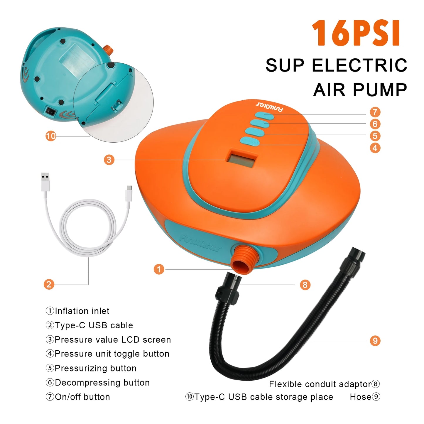 Sup Elektrische Luchtpomp – Elektrische Pomp – Luchtbed Pomp – Opblaaspomp – USB Oplaadbaar – Digitale Drukinstelling – 70 L/min Capaciteit