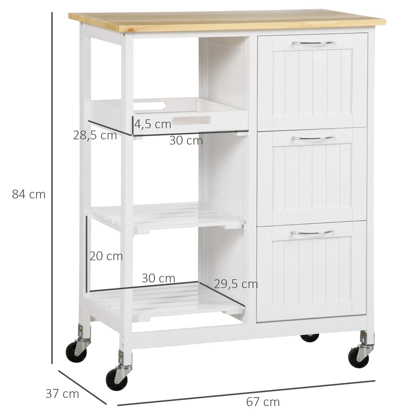 Keukentrolley – Keukenwagen – Opbergtrolley – Servierwagen – Werkblad Van Dennenhout – Drie Lades – Vier Wielen Met Rem