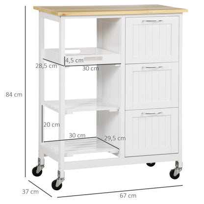 Keukentrolley – Keukenwagen – Opbergtrolley – Servierwagen – Werkblad Van Dennenhout – Drie Lades – Vier Wielen Met Rem