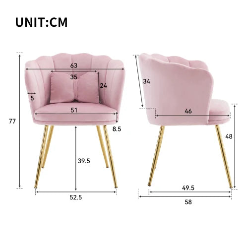 Eetkamerstoelen – Set van 2 - Velours Stoel – Lounge Stoel – Fluwelen Fauteuil – Design Fauteuil – Bloembladdesign – Ergonomisch Zitcomfort – Vergulde Metalen Poten - Roze