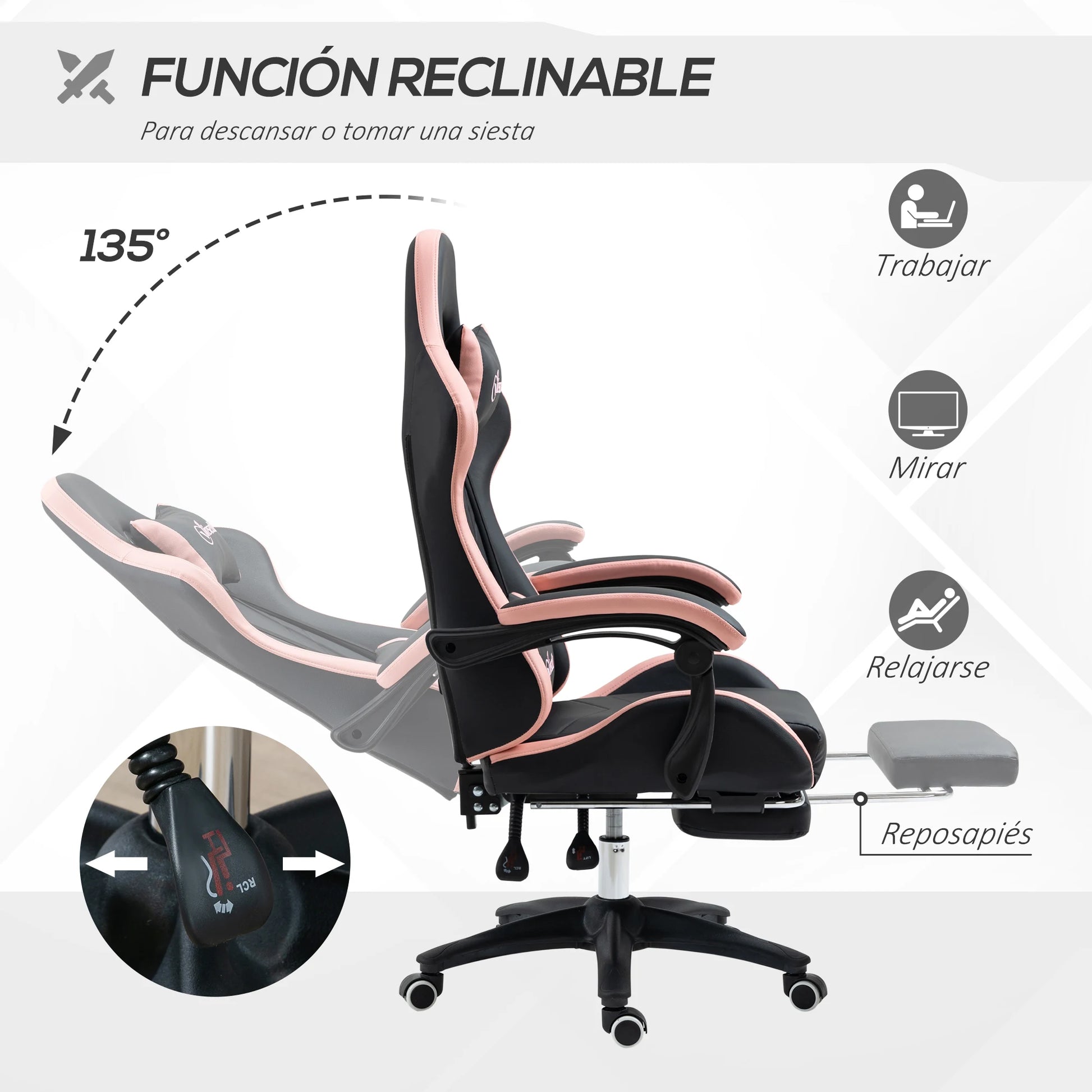 Gaming Stoel - Bureaustoel - Swivel Stoel - met Voetsteun - Hoofdsteun - Verstelbare - Rugleuning - Lendenkussen - Ergonomische - Draaibare - 65 x 65 x 121-129 cm - Zwart & Roze - QUORE