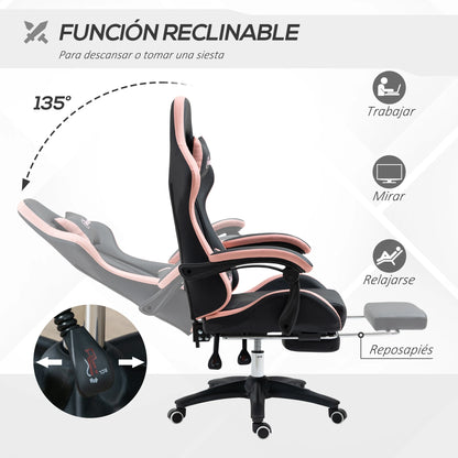 Gaming Stoel - Bureaustoel - Swivel Stoel - met Voetsteun - Hoofdsteun - Verstelbare - Rugleuning - Lendenkussen - Ergonomische - Draaibare - 65 x 65 x 121-129 cm - Zwart & Roze - QUORE