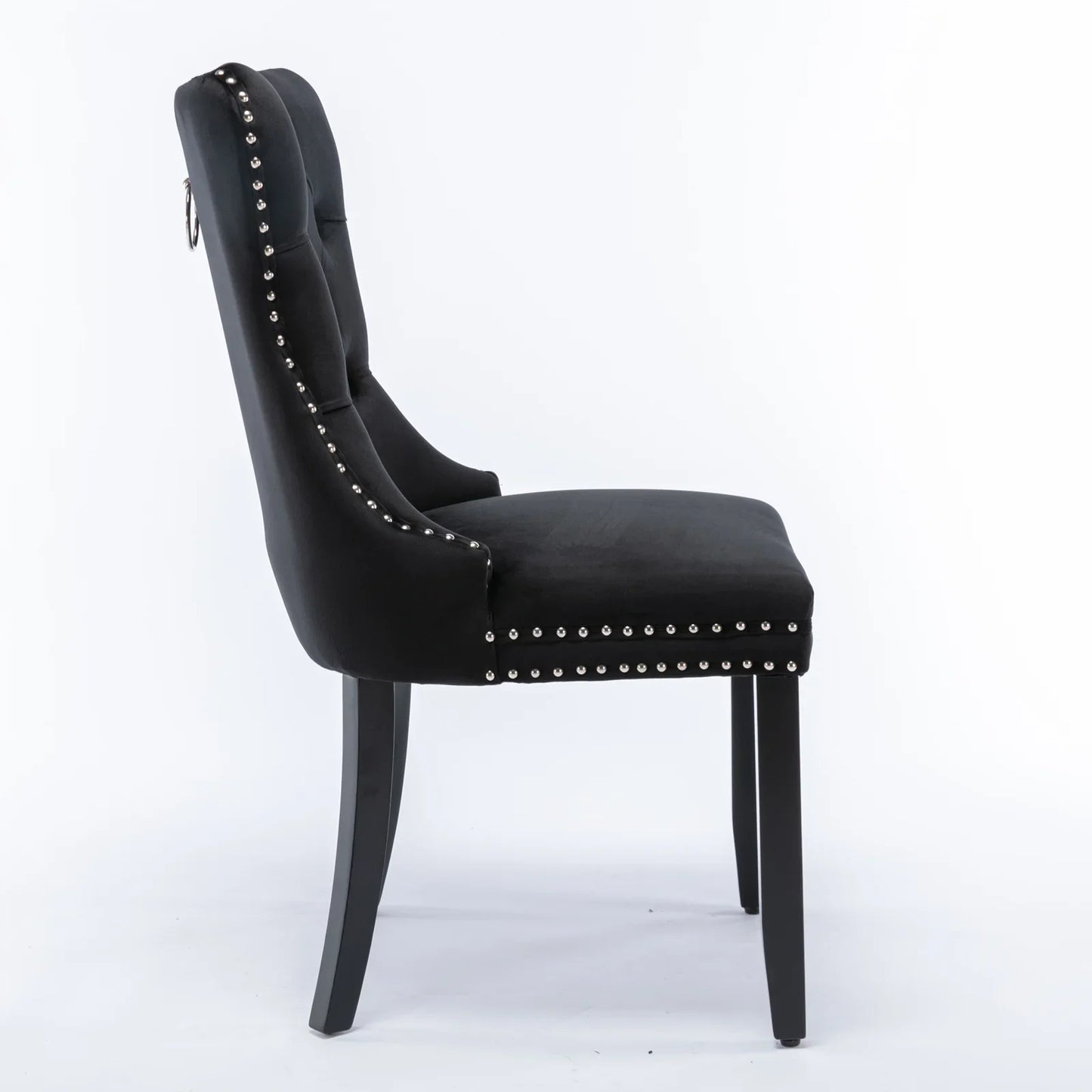 Elegant, High-End Tufted Solid Wood Dining Chairs with Velvet Upholstery, Wood Legs, and Nailhead Trim - 2-Piece Set, Black