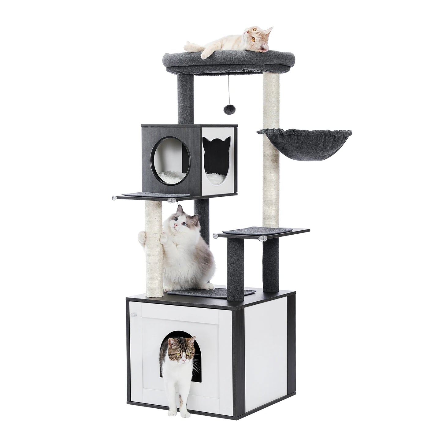 Kattenboom - met Kattenbak Kast – Houten - met Opslagkast - Kattenhuisje - en Sisal Krabpalen – Grote Kattenmeubel voor Binnen – Stabiel en Multifunctioneel - Meerdere Verdiepingen - Arbre a Chat - Zwart - QUORE