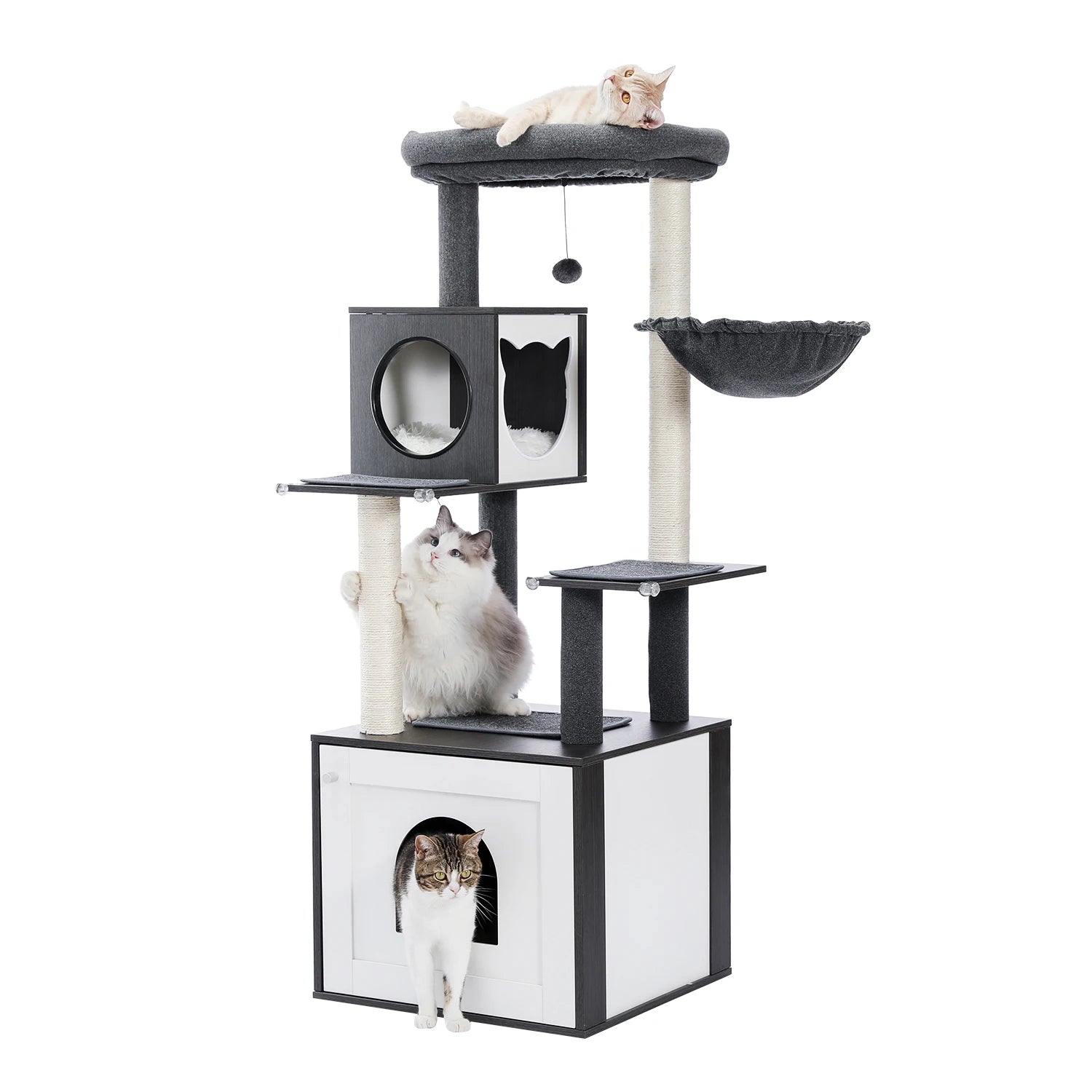 Kattenboom - met Kattenbak Kast – Houten - met Opslagkast - Kattenhuisje - en Sisal Krabpalen – Grote Kattenmeubel voor Binnen – Stabiel en Multifunctioneel - Meerdere Verdiepingen - Arbre a Chat - Zwart - QUORE