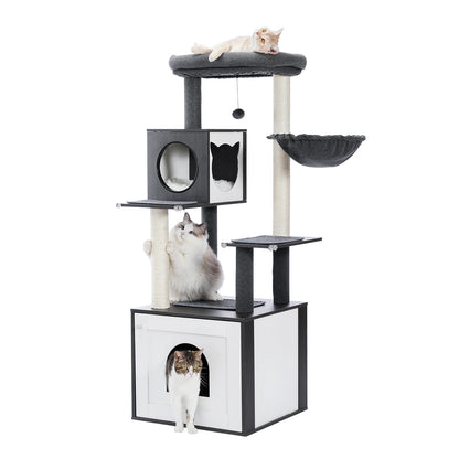 Kattenboom - met Kattenbak Kast – Houten - met Opslagkast - Kattenhuisje - en Sisal Krabpalen – Grote Kattenmeubel voor Binnen – Stabiel en Multifunctioneel - Meerdere Verdiepingen - Arbre a Chat - Zwart - QUORE