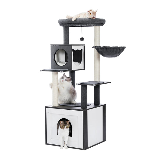 Kattenboom - met Kattenbak Kast – Houten - met Opslagkast - Kattenhuisje - en Sisal Krabpalen – Grote Kattenmeubel voor Binnen – Stabiel en Multifunctioneel - Meerdere Verdiepingen - Arbre a Chat - Zwart - QUORE